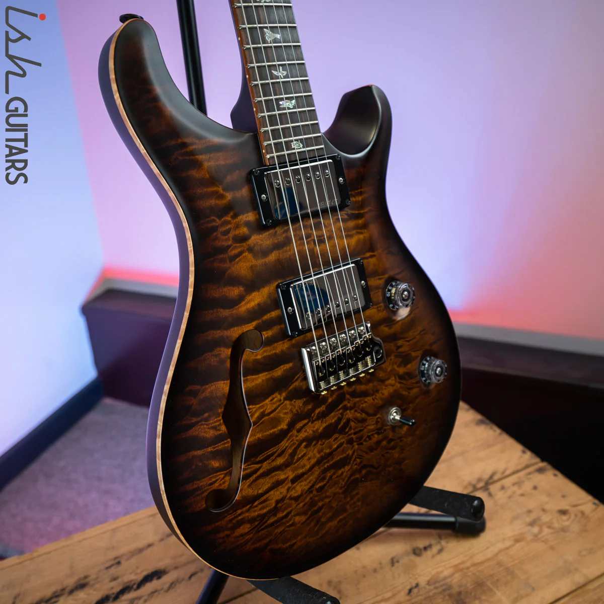 2017 PRS Wood Library Custom 24 Semi-Hollow Satin Black Gold Burst 10 Top - Image 5