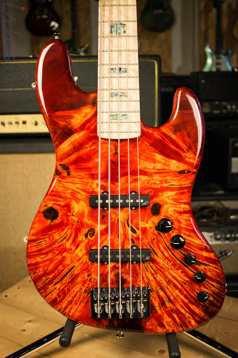 2018 Spector Coda DLX 5 Inferno Red Buckeye Burl Jazz Bass
